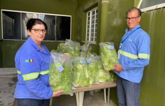 two carmeuse employees holding salads that were grown in the company garden